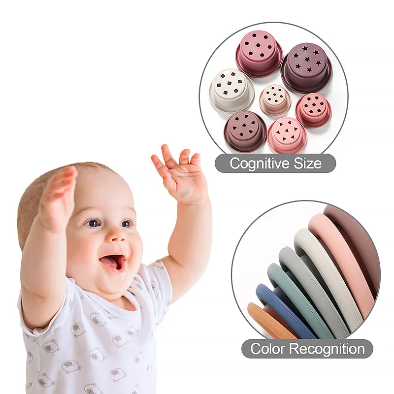 Baby Silikon Stapeln Tasse Bunte Intelligenz Geschenk Klapp Turm Spielzeug Montessori Pädagogisches Spielzeug Säuglingsbad Spielen Wasser Set – Detail 5