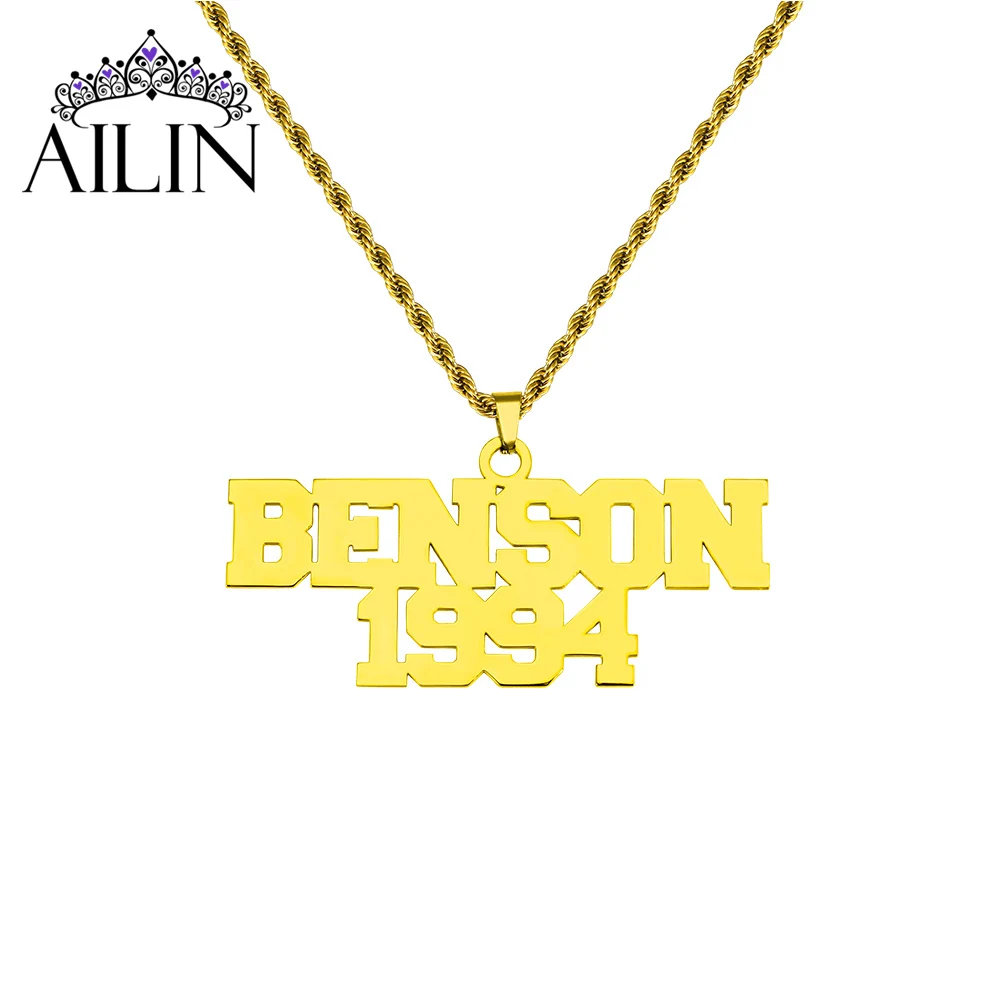 AILIN Personalized Year Stainless Steel Necklace Men's Hip Hop Jewelry Big Pendant Custom Name Necklace Chains Nameplate Gifts