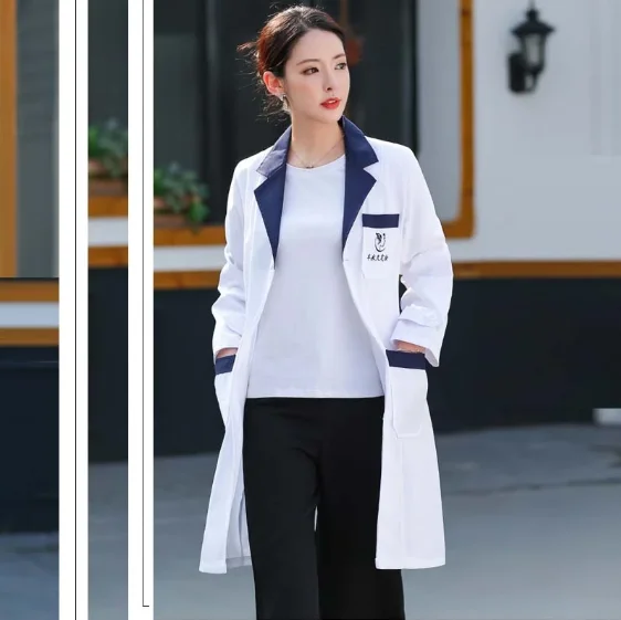 

Women's Lab Coat Mock Wrap Doctor/nurse/beautician Jacket Medical Uniform Long Sleeves Notched Collar Nurse Dress