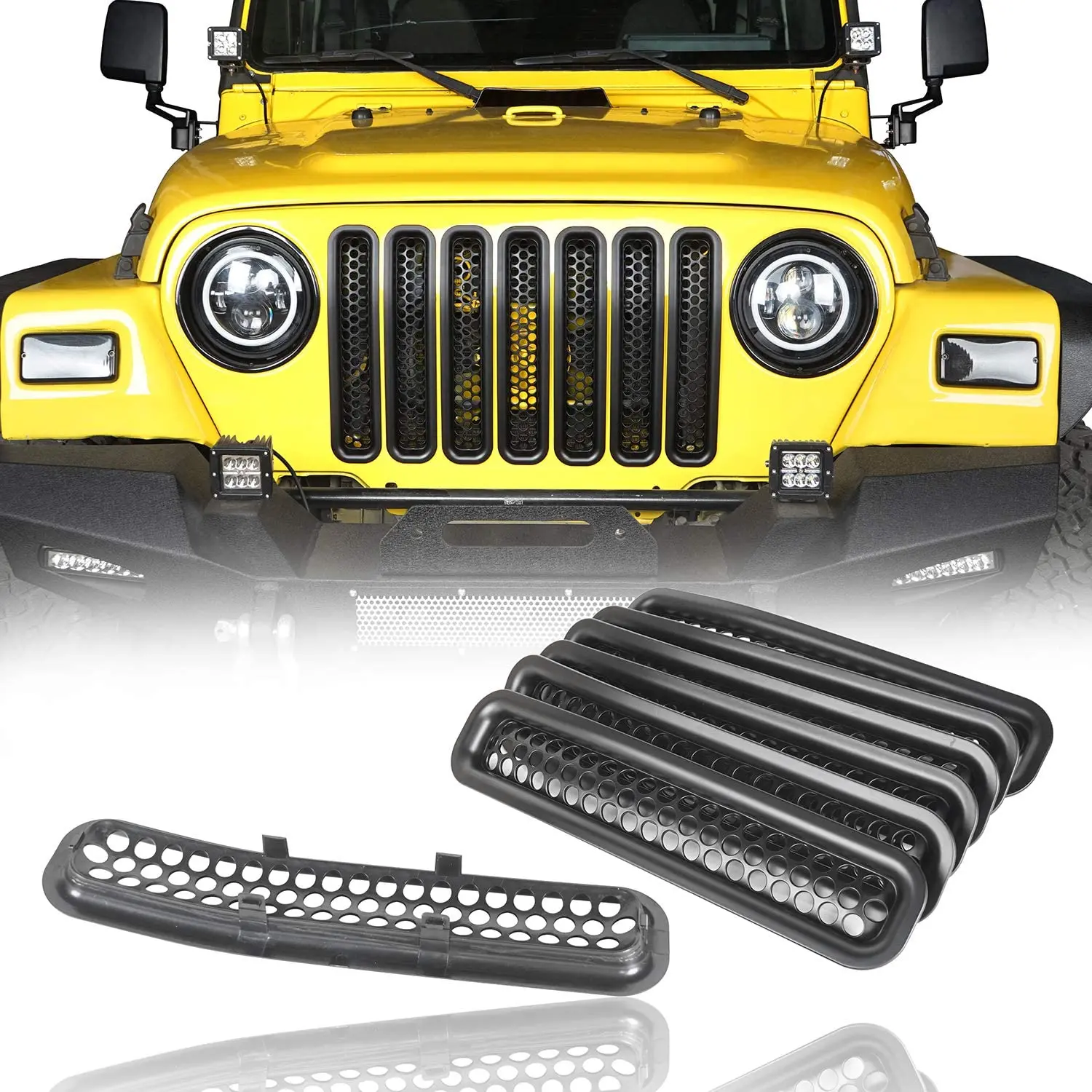 

For Jeep Wrangler JK JKU Unlimited Rubicon Sahara 2007~ 2017 Car Decorate Stickers Front Grill Mesh Inserts Clip-in Grille Guard