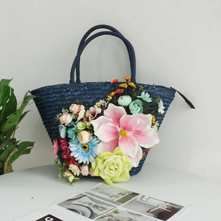 High-end Customized Women Flower Straw Handbag and Hat Suit Colorful Artificial Flower Wave Rattan Summer Beach Holiday Tote