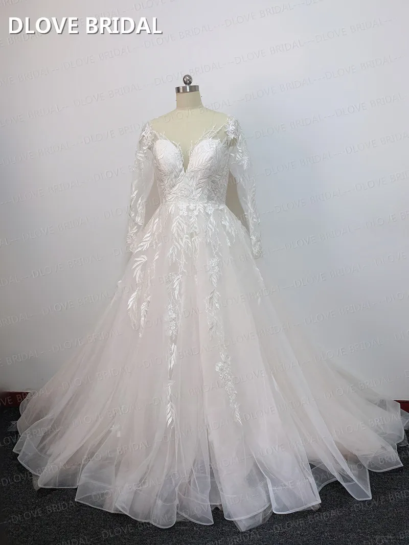 Manga longa uma linha vestido de casamento elegante ilusão vestido de noiva lantejoulas rendas apppliques vestidos fábrica fotos reais