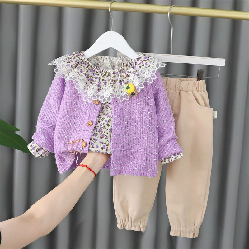 Baby Girls Outfits 2022 Spring Autumn Children Clothing Sets 3 Pieces Toddler Infant Coats Lace Shirt Pants Kids Casual Clothes