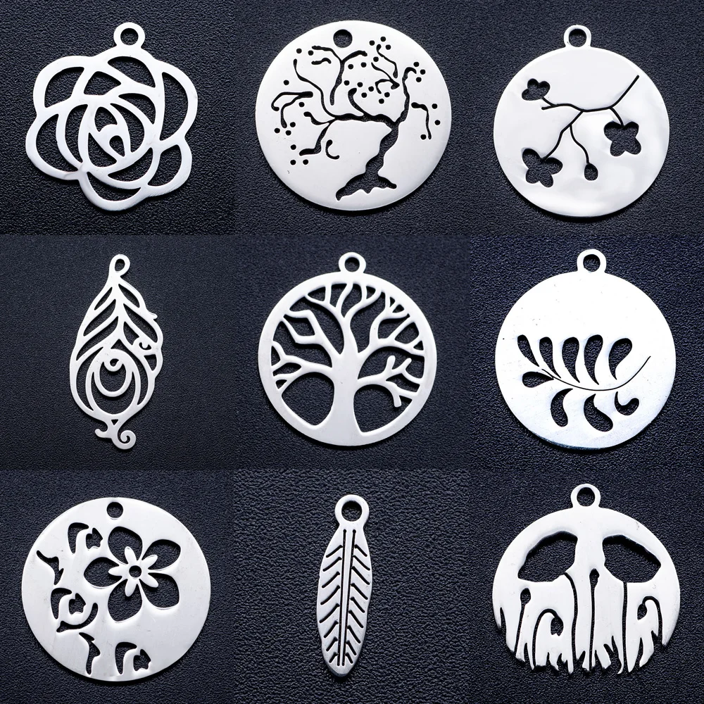 10pcs DIY Sakura Cherry Blossom Stainless Steel Charm Pendant Fern Tree of Life Jewelry Bracelet Connector Charms Wholesale
