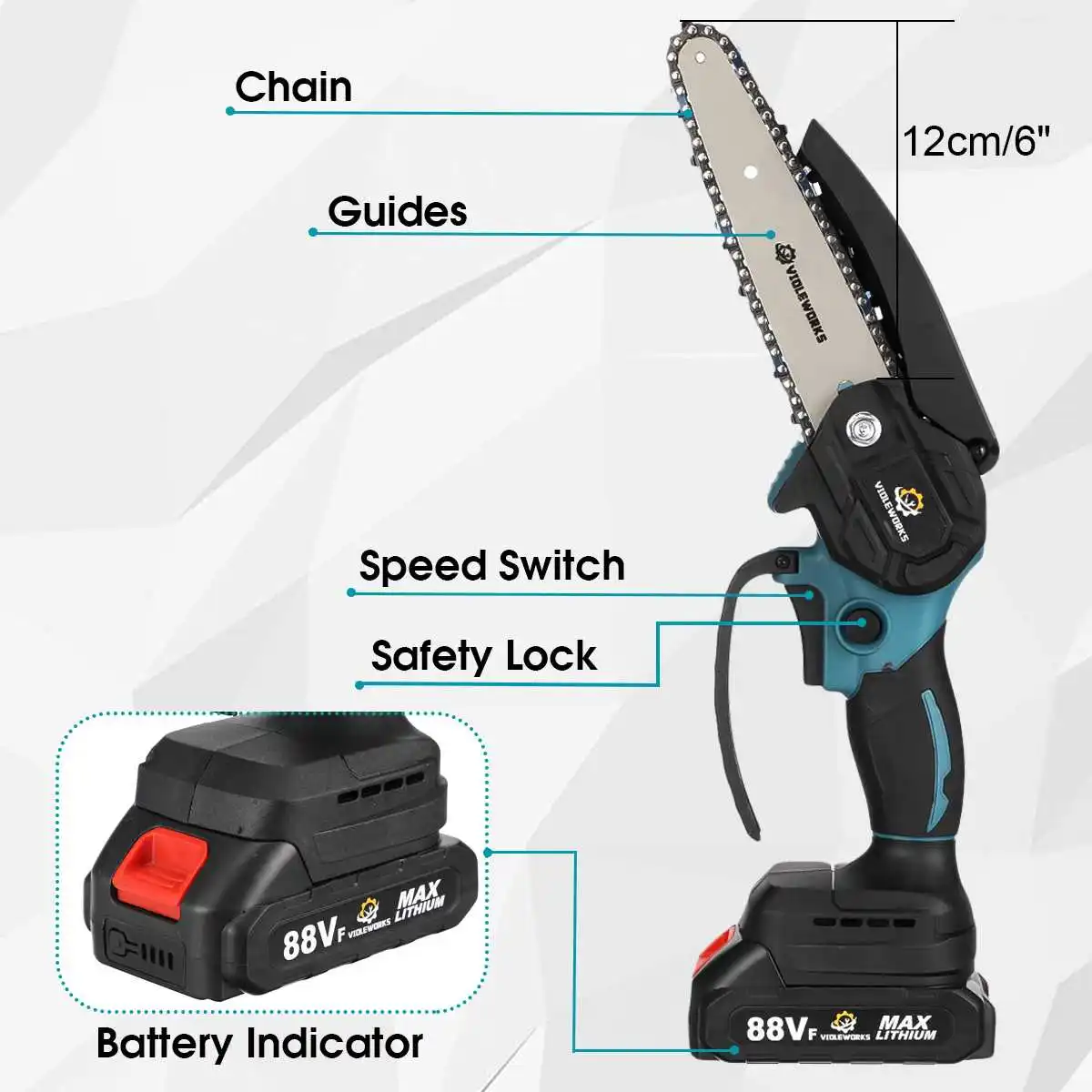 6 Inch Mini Electric Chain Saw With Battery Indicator 1500W 88V Rechargeable Woodworking Tool For Makita Battery 18V EU Plug