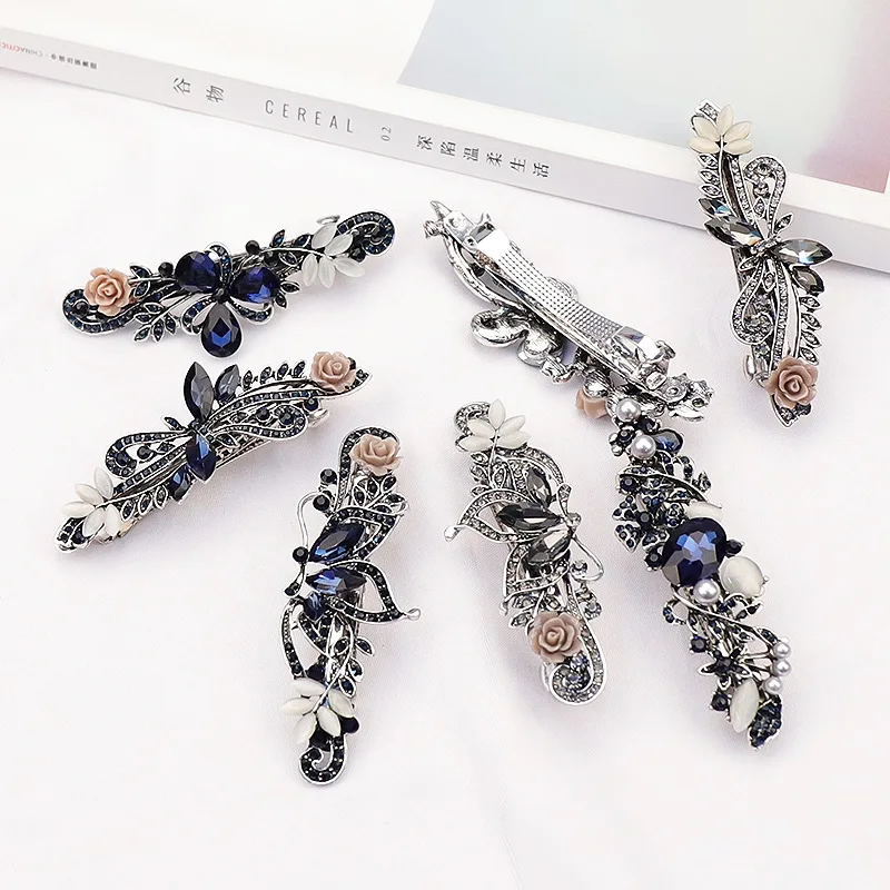 

Classical Metal Hair Clip For Women Jewelled Hairpins Blue Rhinestone Elegant Barrettes Adult Accessories