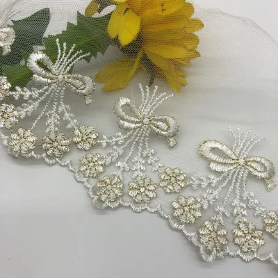 2Yards Gold Thread Mesh LaceTrim Dress Wedding Lace Ribbon Fabric Applique Baby DIY Embroidered Sewing Craft 12cm Width