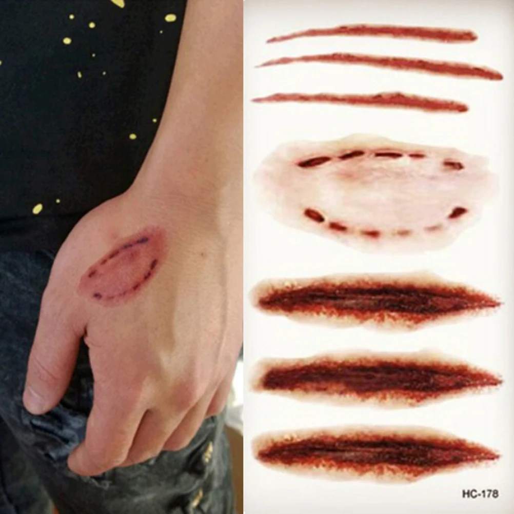 

1PCS Waterproof Temporary Tattoo Sticker Wound Injury Scar Blood Tattoo Sticker For Halloween 2PCS Body Art Sticker