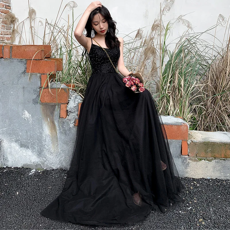 2020 New Fashion Banquet Long Evening Dress Women Thin Sexy Black Prom Dress Spaghetti Strap Beading Banquet Party Dress Backles