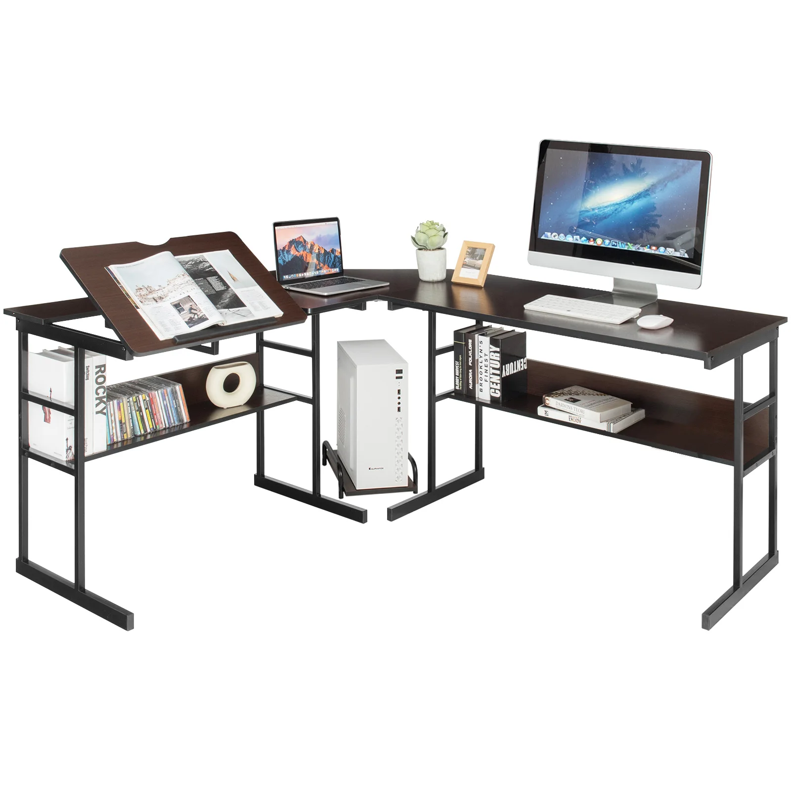 Costway L-Shaped Computer Desk Drafting Table Workstation w/ Tiltable Tabletop HW66803