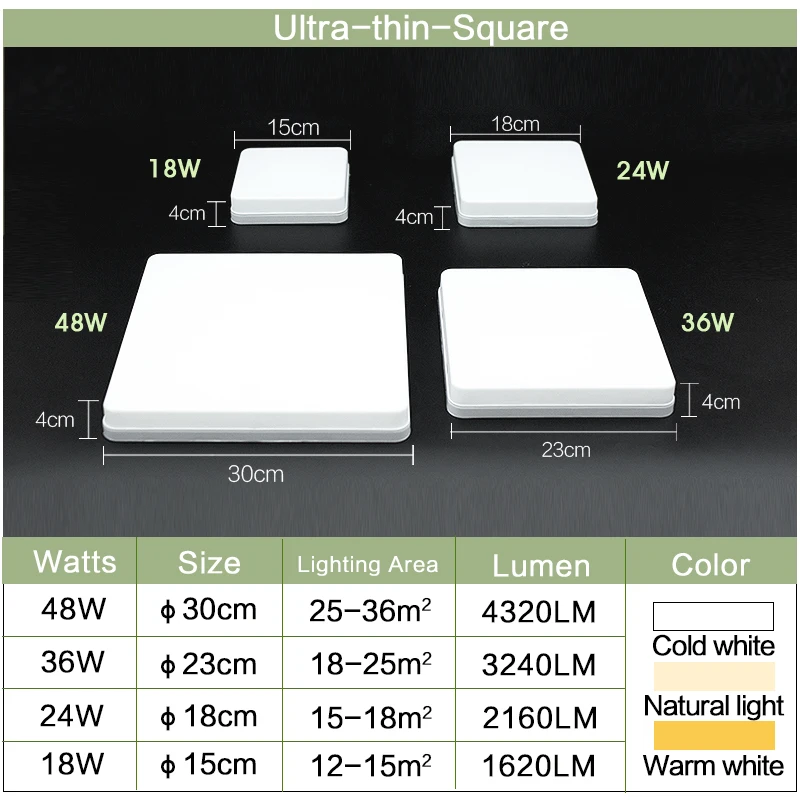 Plafonniers LED 18W 24W 36W 48W carrés Ac85-265V blanc froid chaud naturel SMD2835 luminaires pour la maison salon chambre à coucher