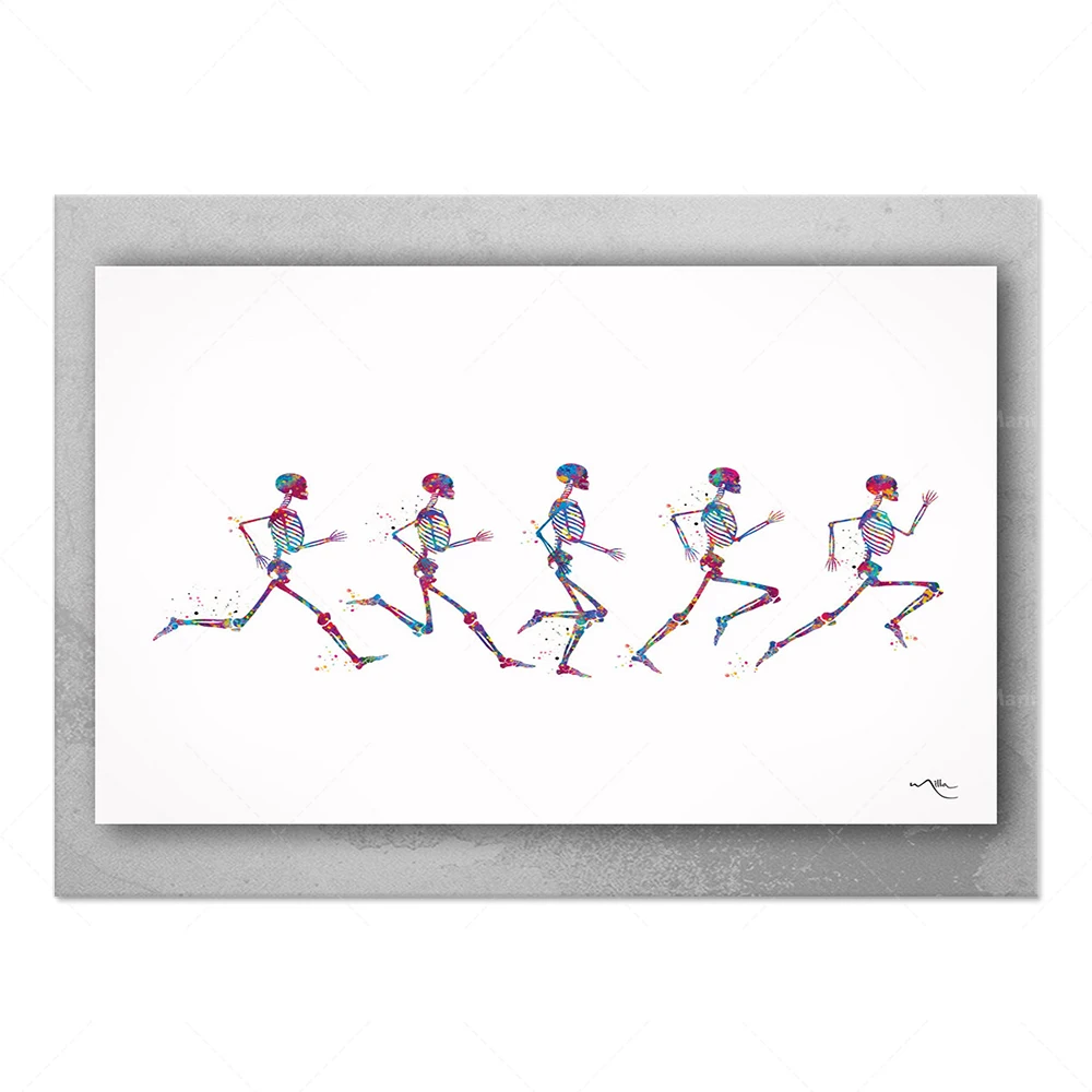 Skeleton Running Phases Watercolor Print Skeletal System Poster Clinic Physical Therapist Runner Sport Human Bones Anatomy Medic view 2