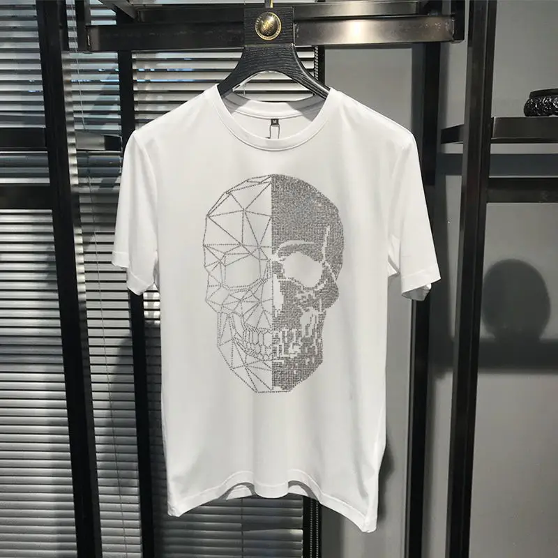 

2021 Men's European Plus Size M-5XL Cotton 100% T-Shirt Summer Hot Rhinestone Skull High Quality O-Neck Short Sleeve