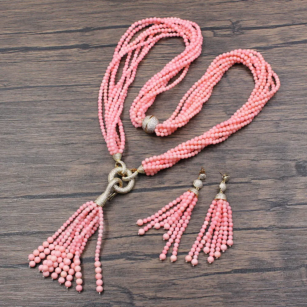 

GuaiGuai Jewelry 8 Rows 4mm Pink Coral Muti lines Necklace CZ Pendant CZ Coral Pendant Earrings Sets For Women Jewelry Gifts