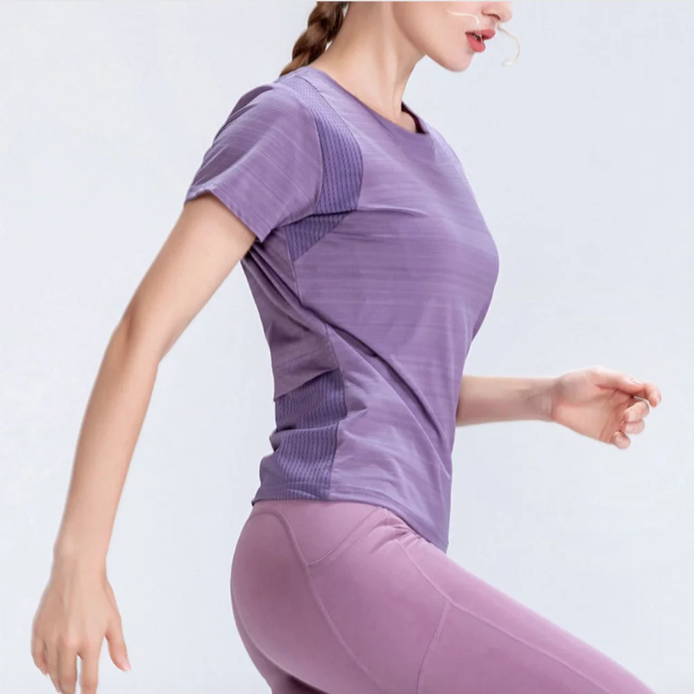 Workout Shirts Mesh Panel Quick Dry Short Sleeve Yoga Tops Gym Shirt For Women Sports Clothes Sportswear Fitness Top Clothing