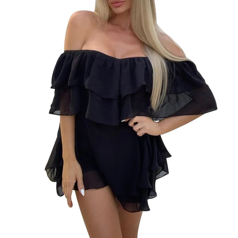 Off Shoulder Ruffle ชุดมินิสั้นผู้หญิงฤดูร้อนแฟชั่น Line Sundress Robe หญิงสีทึบ Casual Sundress M6075