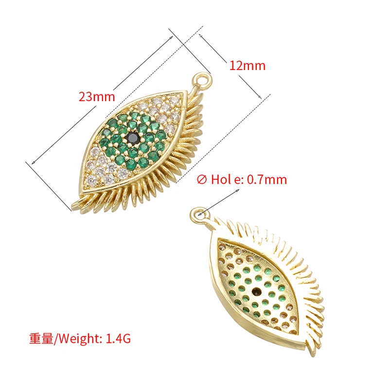 ZHUKOU 12x23mm Brass Cubic Zirconia Green Crystal eyes Pendant for Women\'s Necklace Earrings Jewelry Accessories Model: VD522
