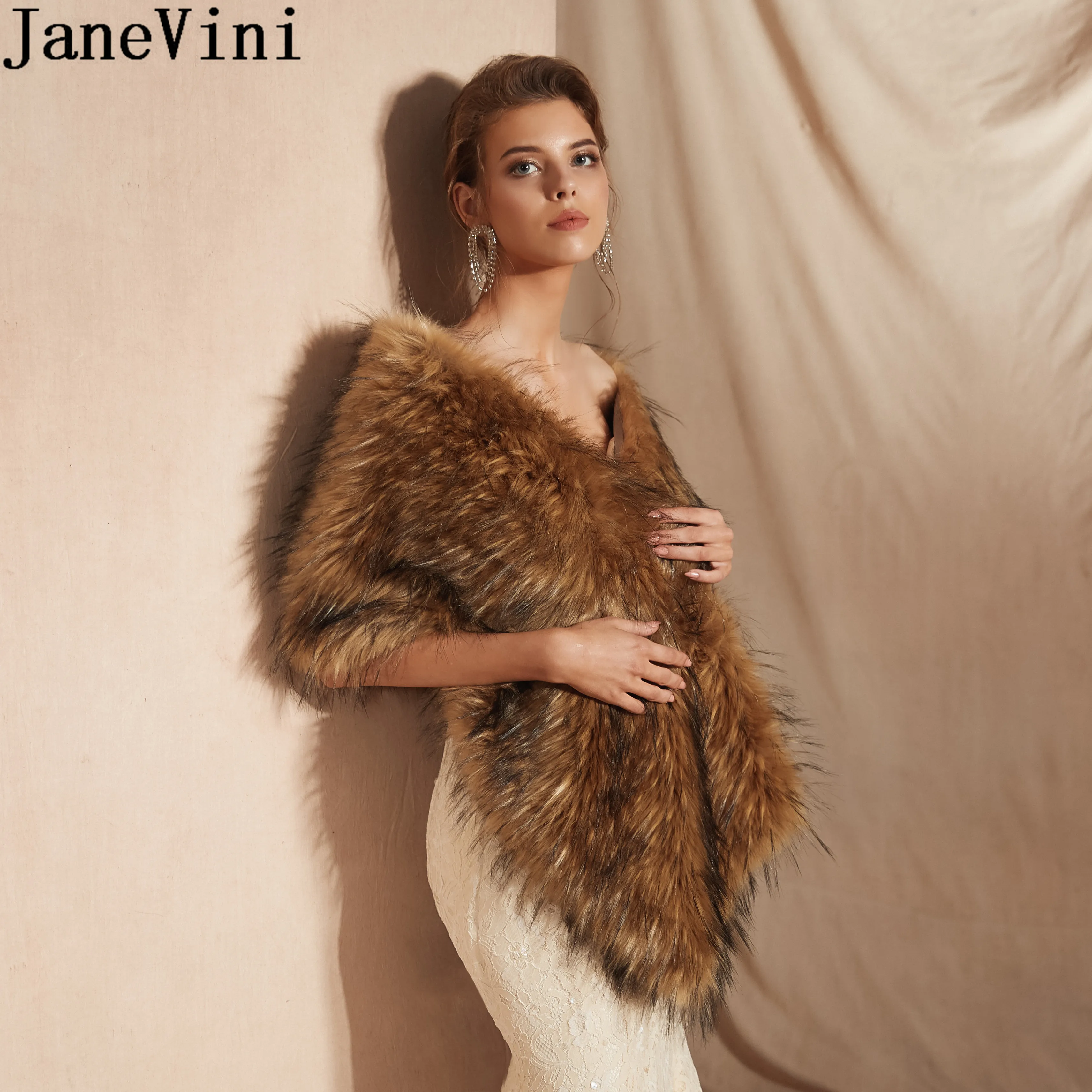 JaneVini Etole Winter Faux Fur Wrap Bolero De Fiesta Women Bridal Shawl Fur Wedding Cape Brown Coffee Shrug Stoles Party Boleros