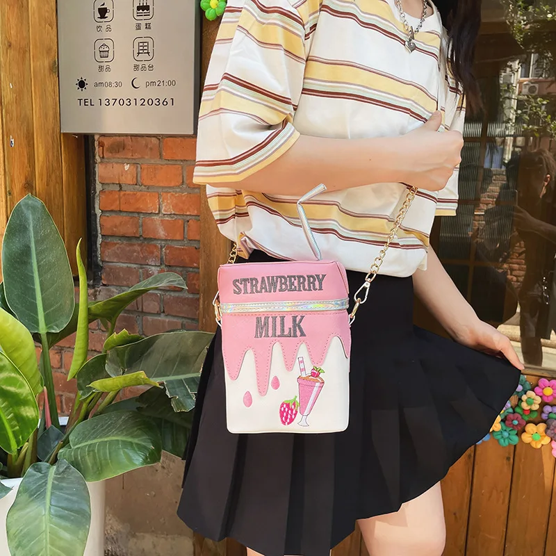 Lemon Strawberry Yogurt Straw Box Chain Bag Japanese Cute Girl Cartoon One-Shoulder Messenger Small Square Bag