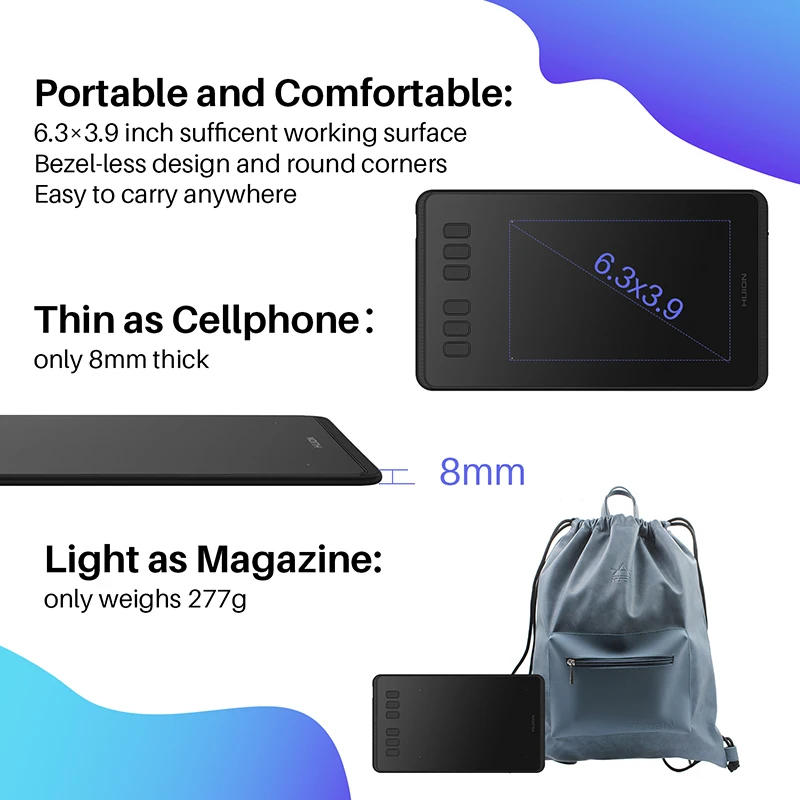 HUION Ultralight Graphic Tablets H640P H950P Digital Tablet Drawing Pen Tablet With Battery-Free Stylus for PC Android Phone