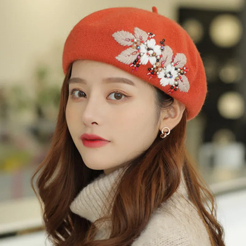 Beret Hats for Women French Artist hat Fashion Ladies Winter Beanie Embroidered Handmade Flower with Colorful Crystal