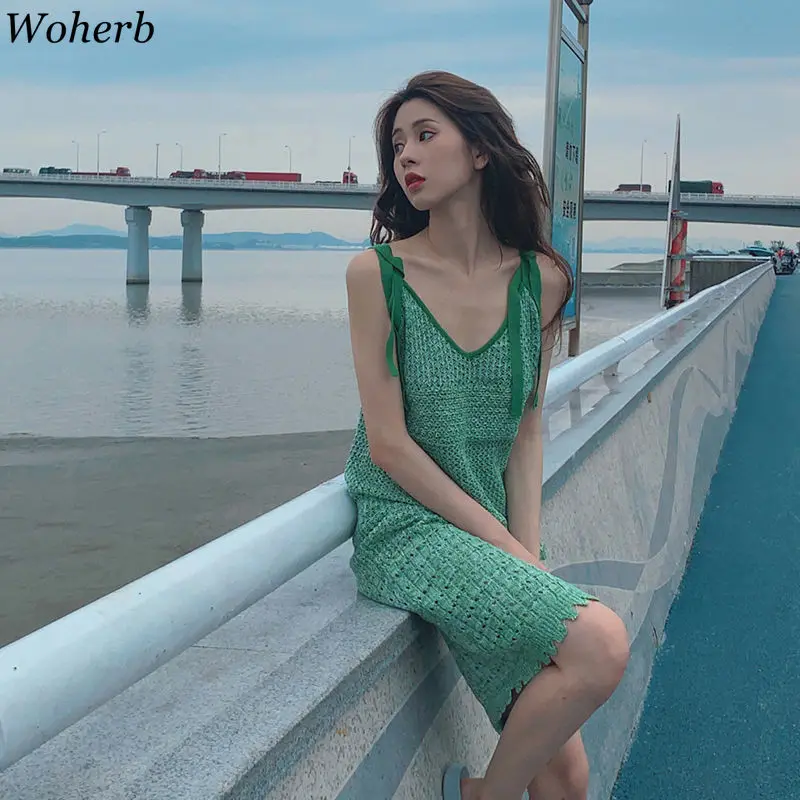 Woherb เซ็กซี่ Camis สปาเก็ตตี้สายคล้องคอสีเขียว Hollow Midi Vestido ฤดูร้อนถักวันหยุด Ropa Vestidos Elegant Vestidos Mujer