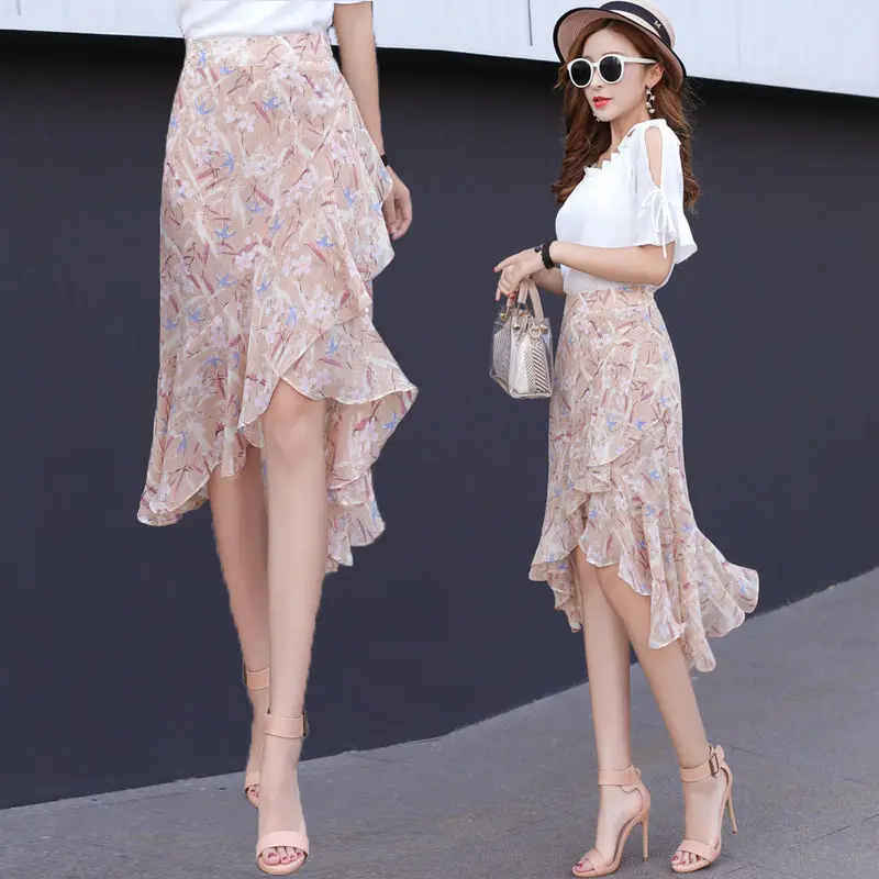 

Ladies Floral Short Skirt Chiffon Floral Skirt Summer High Waist Irregular Ruffle Skirt Mid-length A-line Package Hip Skirt