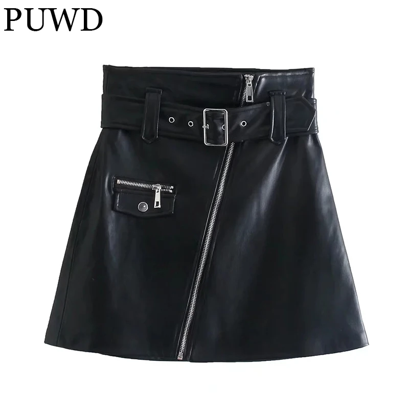 

PUWD Locomotive Women Faux Leather Zipper Skirt 2021Autumn Vintage Solid Pocket Leather Buckle Sashes Skirts Slim Female Bottoms