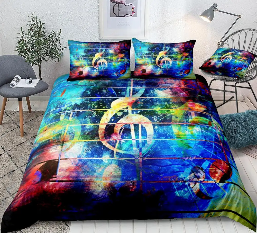 

Music Duvet Cover Set Colorful Musical Notes Bedding Violin Clef Quilt Cover Queen Home Textiles Rainbow Bed Set 3pcs Dropship