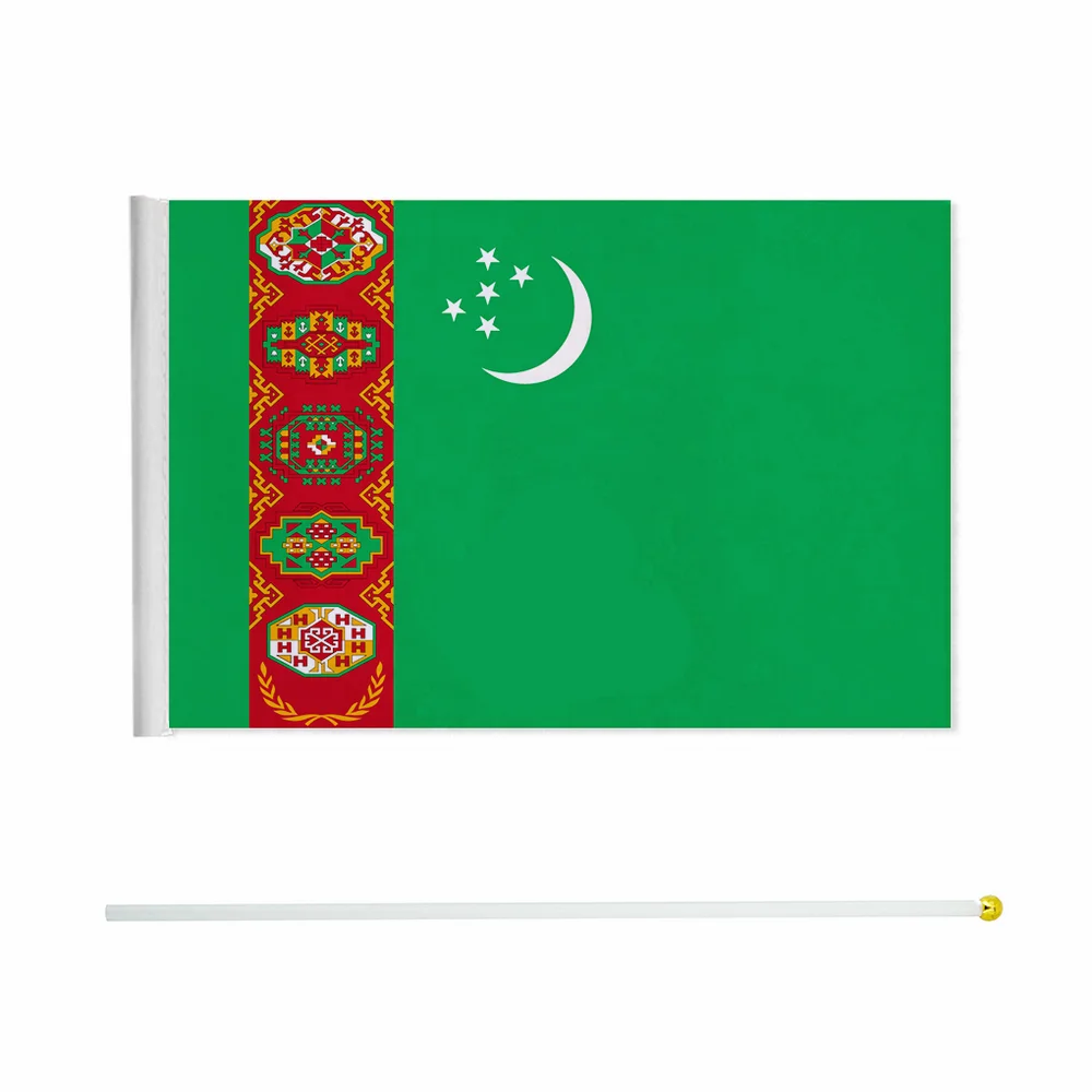 Turkmenistan Hand Flag 14*21cm 10/20/50/100pcs polyester Turkmenistan Small Hand waving Flag with plastic flagpole for decor