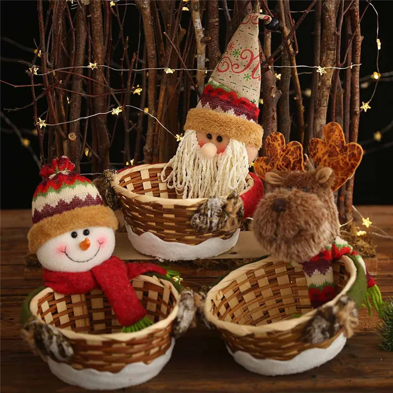 

2021 Christmas Candy Storage Bamboo Xmas Gift Holder Basket Home Desktop Decoration Santa Claus Storage Basket Gift Ornament