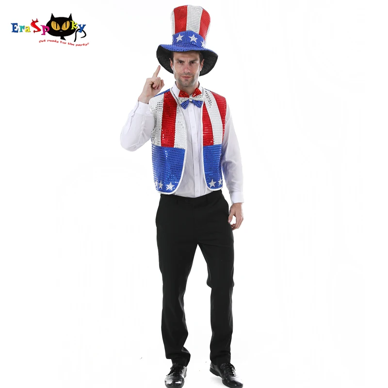 Eraspooky 4th Von Juli Celebrattion Patriotische Partei Pailletten Onkel Sam Kostüm Kit Für Erwachsene Amerikanische Flagge Weste Hut Bowtie