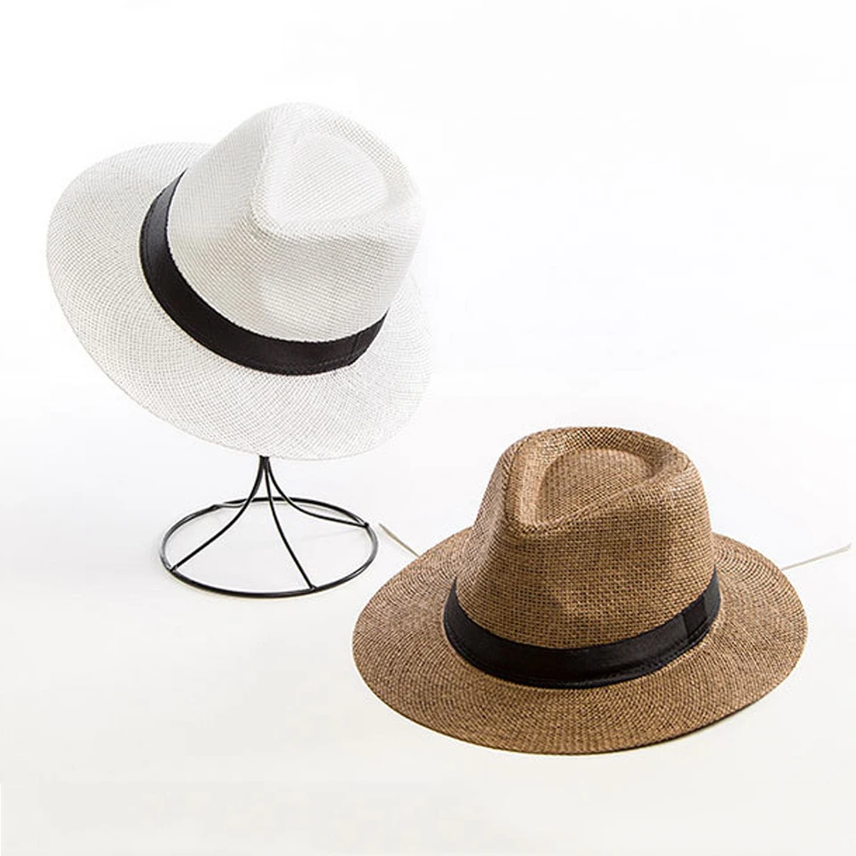 Summer Straw Hat for Men Women Sun Beach Hat Elegant Jazz Panama Hats Fedora Wide Brim Sun Protection Cap with Black Belt