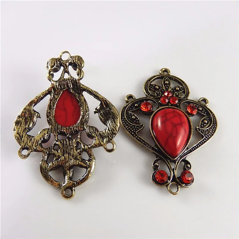 4PCS Vintage Bronze Alloy Connector With Red Rhinestone Pendant Necklace Bracelet Headwear Handmade Jewelry Making Accessory