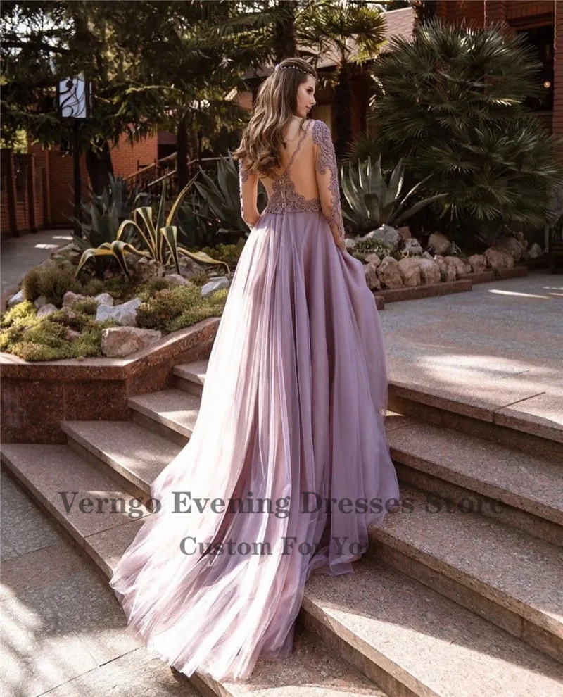 Verngo 2021 Dusty Lavender Tulle แขนยาวชุดราตรีลูกไม้ Applique ที่ละเอียดอ่อนต่ำกลับ Floor ความยาวชุดราตรี