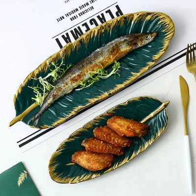 Luxury Ceramic Platter Storage Tray with Glod Rim Green Leaf Glod Feather Jewelry Makeup Brush Storage Decorative Sushi Plate