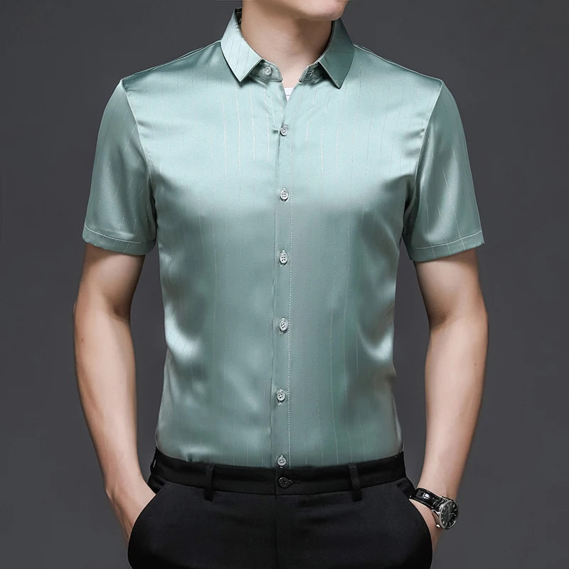 

Men's Silk Shirts Summer 2021 Fashion Striped Smooth Soft Clothes Short Sleeve Male Casual Silk Dress Shirts