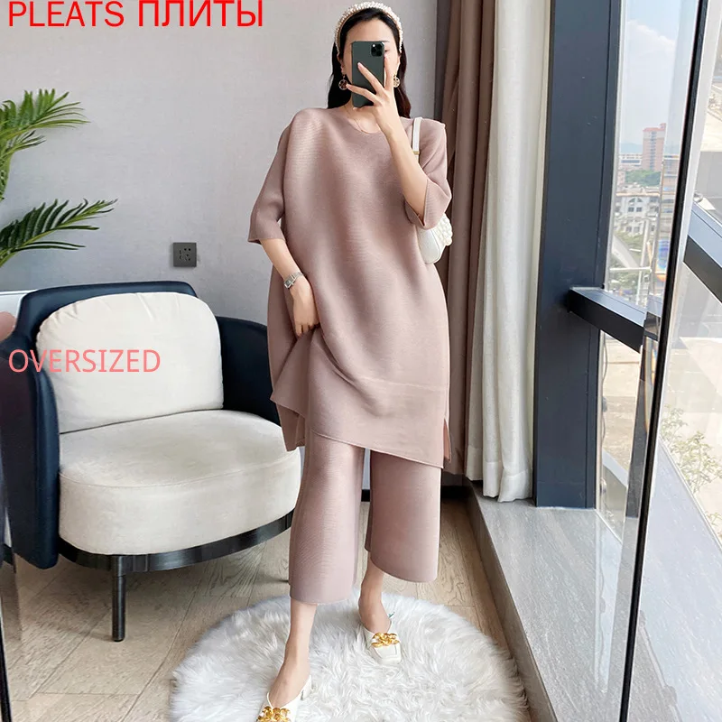 

Miyake Fold Wide Leg Pants Set for Women, Autumn Fashion, Spring, Large Size, 2 Pcs