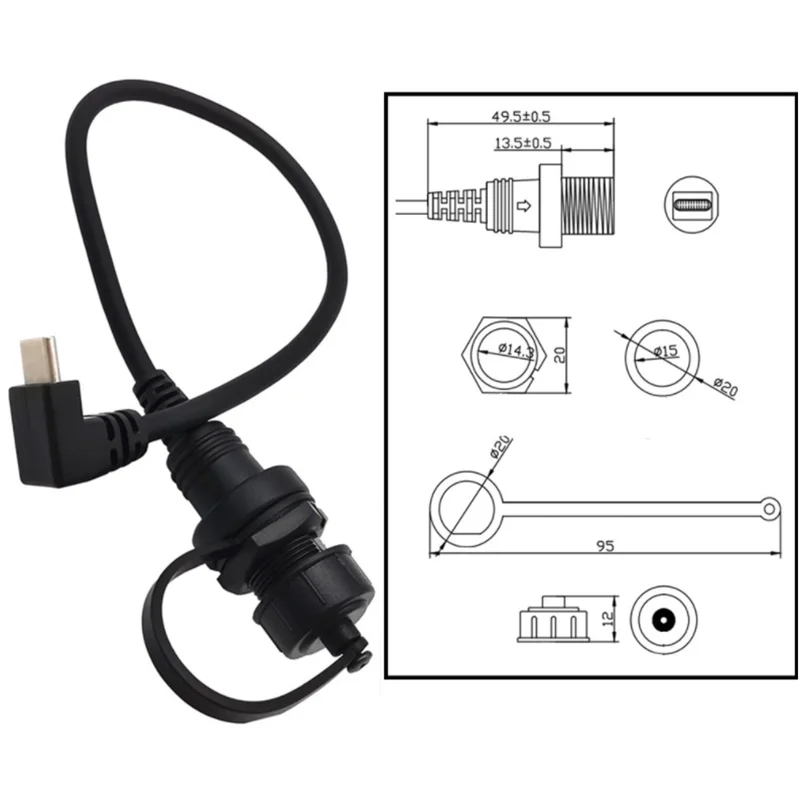 USB-C IP67 방수 케이블 유형 c 3.1 90도 남성 여성 패널 자동차 선박 대시 보드 설치 커넥터 연장 케이블