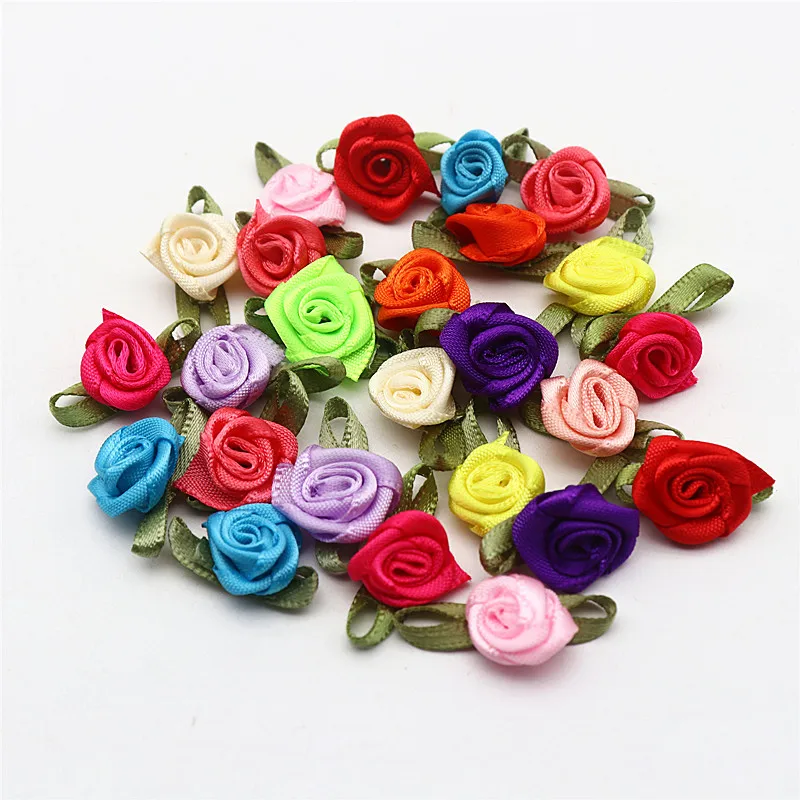 Plus Leaf Polyester Flower Ribbon Flower Bud with Leaf Rose Flower Apparel Underwear Polyester Decorative Flower 30-60pcs