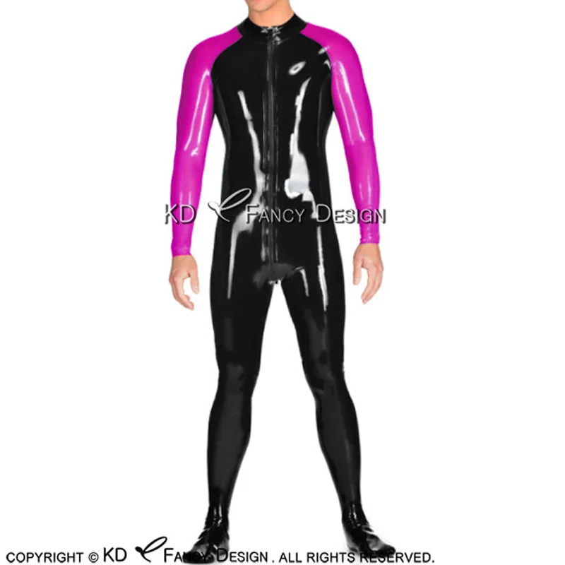 Black And Rose Red Latex Catsuit With Trims On Shoulder Front To Crotch Zipper Rubber Bodysuit Overall Zentai LTY-0181