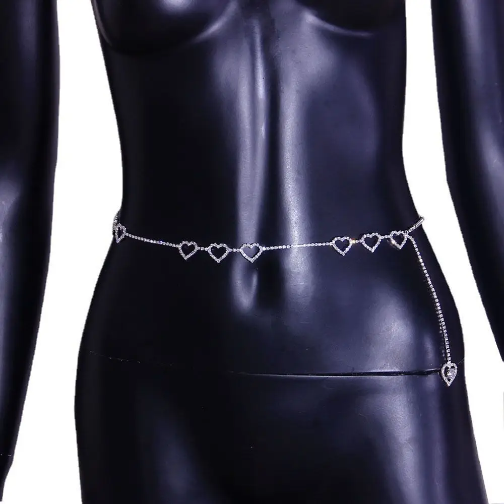 Sexy Rhinestone Three Love Heart Lady Waist Chain Jewelry Fashion Stage Walk Crystal Belly Button Chain Body Chain Accessories
