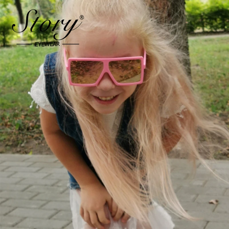 STORY Pink Oversized Kids Sunglasses Girl Brand Design Vintage Gold Mirrored Lens Square Sun Glasses Leopard Frame Shade S2040B