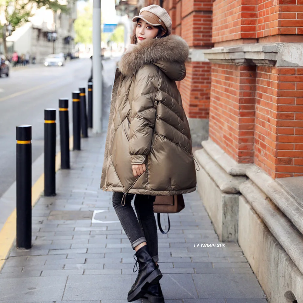 Overszie Large Natural Fur collar Hooded Winter Down Coat Women 90% White Duck Down Jacket Thick Warm Parkas Female Outerwear