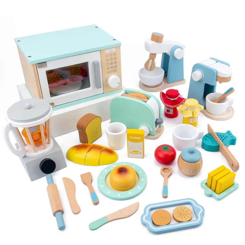 

QWZ Wooden Simulation Kitchen Toy Set Play House Early Education Toy Bread Machine Microwave Oven For Children's Christmas Gift