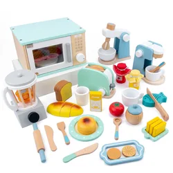 QWZ Wooden Simulation Kitchen Toy Set Play House Early Education Toy Bread Machine Microwave Oven For Children's Christmas Gift