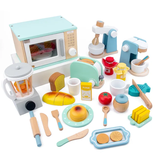QWZ Drewniany zestaw zabawek kuchennych do symulacji domku zabaw Wczesna edukacja Zabawka Maszyna do pieczenia chleba Kuchenka mikrofalowa na prezent świąteczny dla dzieci