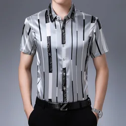 New 2020 Summer Male Silk Clothes Fashion Striped Silk Shirt Short Sleeve Mens Casual Satin Silk Dress Shirts