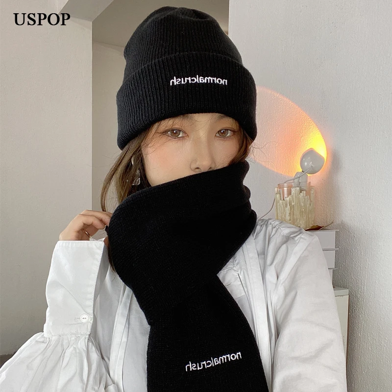 USPOP New Winter 2 Pieces Sets Knitted Hat Hat Scarf Sets Letter Women Beanies Fashion Warm Skullies Scarves