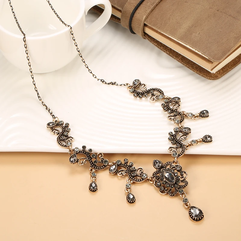 Kinel Luxury Grey Crystal Flower Necklace For Woman Boho Ethnic Wedding Jewelry Antique Gold Color Vintage Necklace Wholesale